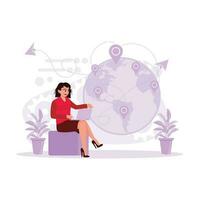 The young woman is sitting on a small sofa with a laptop in her lap, looking at a futuristic grid and planet hologram through a laptop with a fast internet connection. vector