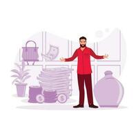 Portrait of a happy bearded man with a clay container and pile of banknotes and coins. Investment and banking concept. Trend Modern vector flat illustration.