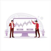 The businessman standing in front of the screen chooses between selling or buying. Trend Modern vector flat illustration.