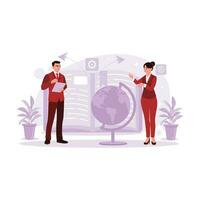 Two businessmen are standing between an enormous globe with books and plants in the background. World knowledge concept. Trend Modern vector flat illustration.