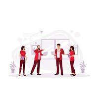 A team is standing in one corner of the office, discussing work. Business team working together, brainstorming, and discussing ideas for projects. Trend Modern vector flat illustration