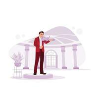 The handsome young man in a formal suit played the classical instrument on his violin. Trend Modern vector flat illustration