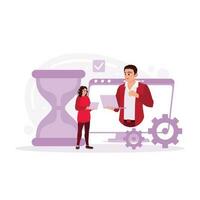 Measuring time. Deadline is coming. a woman doing an online assignment was measured using an hourglass. deadline concept. Trend Modern vector flat illustration