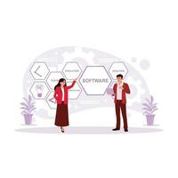 Male and female employees are trying to develop software and business process automation. Trend Modern vector flat illustration.