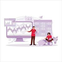 Stock market traders look at the ticker numbers and charts of continuously rising stocks. Perform data analysis and sales. Trend Modern vector flat illustration