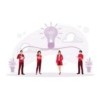 Character person wearing a work suit and connected under a big light bulb. Team working on the initial idea and business plan. Trend Modern vector flat illustration