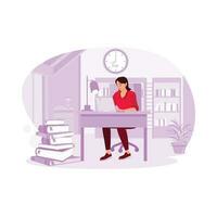 Beautiful woman working overtime and tired at work routine. Trend Modern vector flat illustration