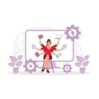 Busy smiling young businesswoman with many hands doing various work in the office. Multitasking work and time management concept. Trend Modern vector flat illustration