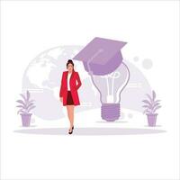 Students are wearing glasses and standing by the lights in graduation caps. Innovative and creative learning concepts. Trend Modern vector flat illustration.