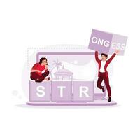 Two youths sat down and lifted a block. Change the word stress with the word strong. Trend Modern vector flat illustration