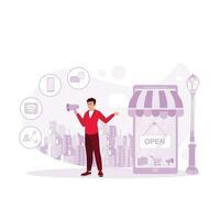 Businessman promoting with a megaphone on smartphone background as online shopping shop. Trend Modern vector flat illustration