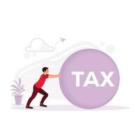 Businessman pushing a big ball marked with tax. Tax time, tax expense, and taxpayer finance concept. Trend Modern vector flat illustration