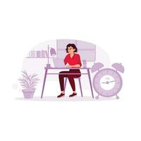 Businesswoman is working alone at an office desk late into the night. Trend Modern vector flat illustration