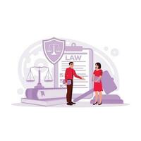 Scene of law and justice. Lawyer consultant client, judge knocking with a wooden gavel. Legal advice concept. Trend Modern vector flat illustration