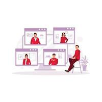 Online remote video conference call. Business communication via internet concept. Jobs of people who are far away virtually, Trend Modern vector flat illustration