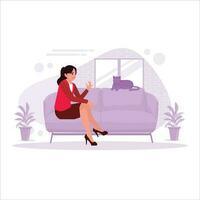 The female worker is relaxing on the sofa and playing with the cat sitting on the sofa. Trend modern vector flat illustration.