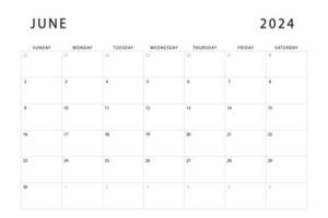 June 2024 calendar. Monthly planner template. Sunday start. Vector design