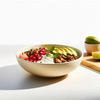 Photo of Fatoush on bowl isolated on white background. Created by