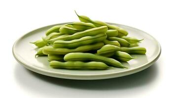 Photo of Green beans on minimalist plate isolated on white background