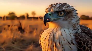 Photo of Martial Eagle on savanna at sunset.