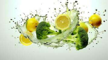 Photo of Broccoli and lemon with water splashes isolated on white background