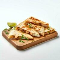 Photo of Chicken Quesadilla on wooden board isolated on white background. Created by Generative AI