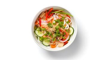 Food photography of pho on bowl isolated on white background. Generative AI photo