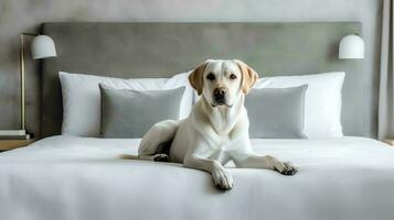 golden retriever dog lying on bed in hotel with contemporary interior design. Generative AI photo