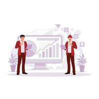 Positive portrait of two business people standing and each carrying a laptop with graphic background on the screen. Trend Modern vector flat illustration.