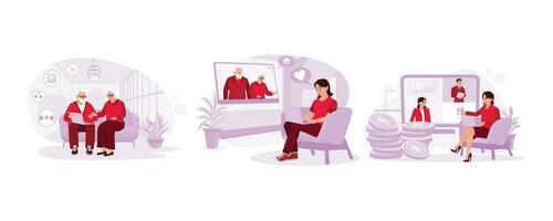 Old couple spending time together while watching funny videos. A girl sits and makes a video call with her grandparents. Businesswoman uses an internet connection for online meetings. vector