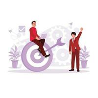 The man is sitting on an archery target, and a businessman is shooting arrows at a target. Concept of target and business goal. Trend Modern vector flat illustration.