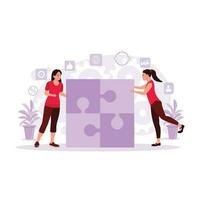 A jigsaw puzzle that two women are trying to connect. Concept of business solution, strategy, and success. Trend Modern vector flat illustration.