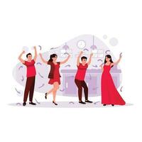 Group of young people partying in the home kitchen, feeling happy, throwing confetti, and singing. Trend Modern vector flat illustration.