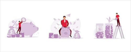 A young man is putting coins into a giant piggy bank. The man is sitting on a piggy bank and some cash, and a man is standing on a ladder and splashing coins in a glass jar. vector