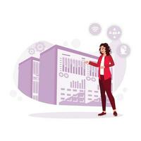 Female engineer working professionally in a network server room. Trend Modern vector flat illustration.