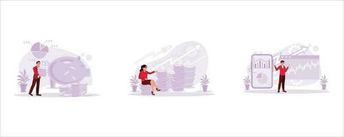 Men invest with lots of coins for savings. Woman sitting on a pile of coins and thinking about future investments. Young businessman looking at rising investment on the mobile screen. vector