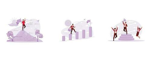 Picture of victory and success with the man on top of the mountain. View of a man climbing stairs with a flag on the top stair. a victorious young entrepreneur with the trophy in hand. vector