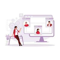 Young businesswomen are doing business conferences online. Done at home using laptops, computers and tablets connected to the internet. Trend Modern vector flat illustration.