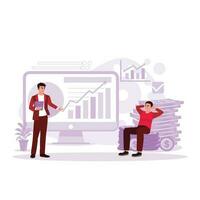 Portrait of a man sitting relaxed on a pile of money and a man holding a tablet with diagrams. Trend Modern vector flat illustration.