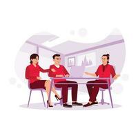 The business team sat together and discussed, brainstormed, and looked at laptop screens in the office room. Trend Modern vector flat illustration.