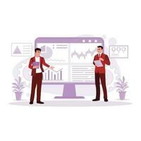 Business meeting presentations conducted by business people, showing data, graphs, and sales to investors. Trend Modern vector flat illustration.