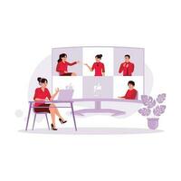 Portrait of female students with headphones doing online meetings via Zoom with friends and teacher via laptop. Trend Modern vector flat illustration.