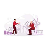 Two businessmen are discussing growth, profit, and business development against the backdrop of plants growing from fertile soil. Trend Modern vector flat illustration