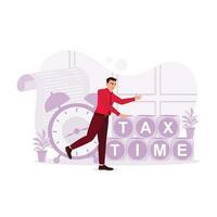 Businessman with block saying tax time against clock and forms background. Trend Modern vector flat illustration