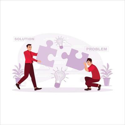 One man holds a problem puzzle, and another holds a solution puzzle. Problem solving concept. A jigsaw puzzle character concept of two business people working together in partnership.
