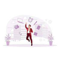 Businessman juggling with business goods with city view. Multitasking concept. Agile and versatile workers. Trend Modern vector flat illustration
