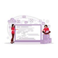 Close-up coding on screen, Woman hands coding html and programming on a laptop screen, Programmer or developer code. Laptop screen with code. Trend Modern vector flat illustration