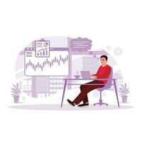 young businessman working with a laptop while sitting in front of his computer screen with trading charts. Stock trading concept.Trend Modern vector flat illustration