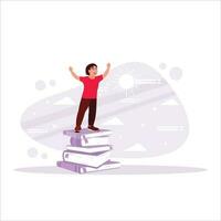 Boy standing on top of a tower of books, excited to return to school. Education and reading concepts. Trend Modern vector flat illustration.