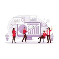 The marketing team discussed and brainstormed on the financial charts and graphs on the screen. Marketing concept. Trend Modern vector flat illustration.